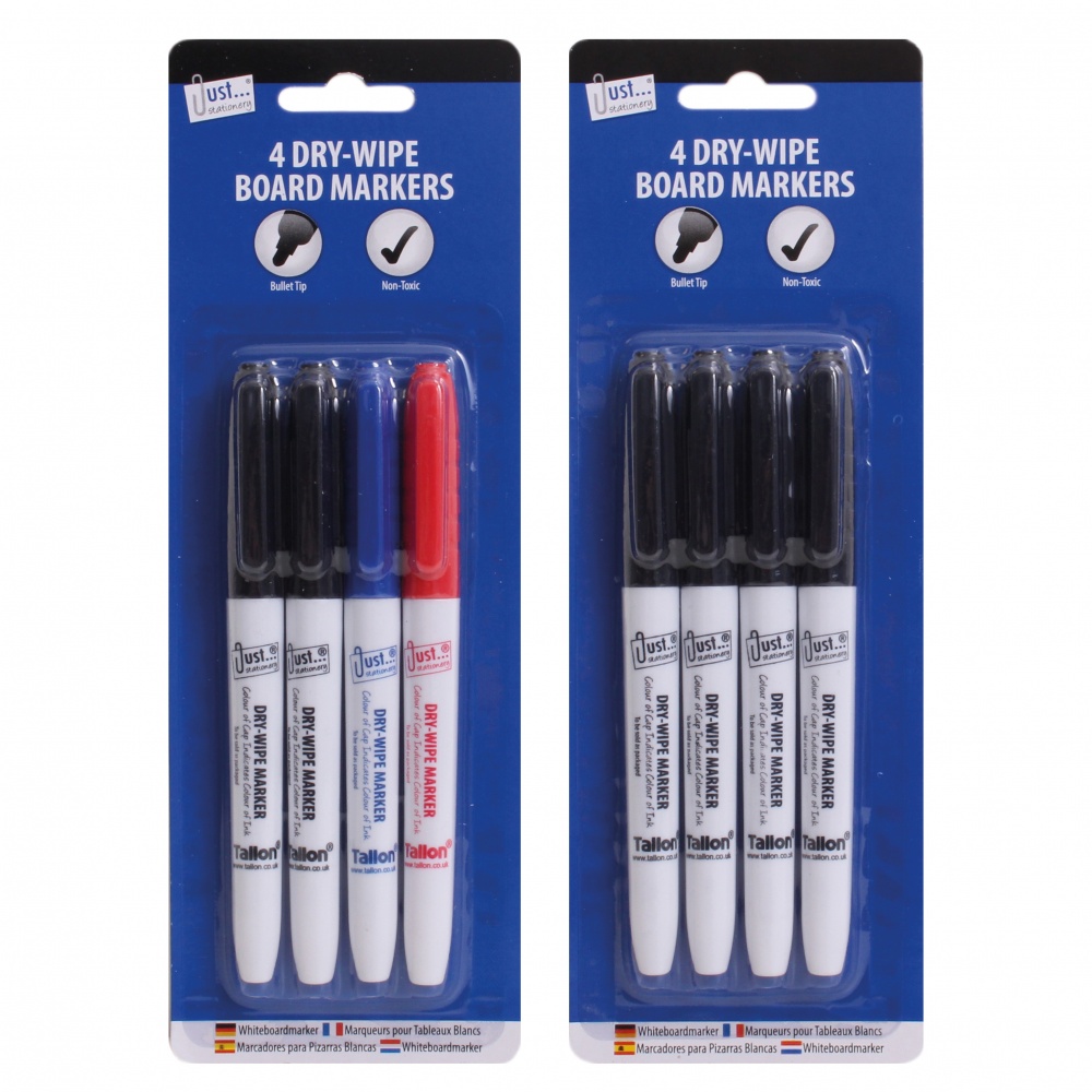 Dry-Wipe Markers Asstd Colours & all Black, 4's