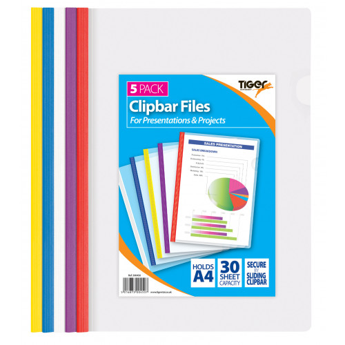 A4 Clip Bar Presentation Files, 5's, 5 Assorted Colours