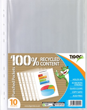 Tiger A4 Punched Poly Pockets, 45 micron Glass clear, 10's