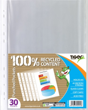 Tiger A4 Punched Poly Pockets, 45 micron Glass clear, 30's