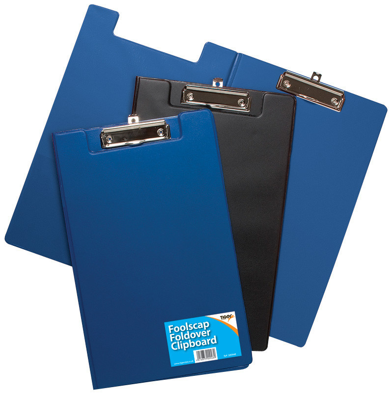 Foolscap Foldover Clipboard, Assorted Blue/Black