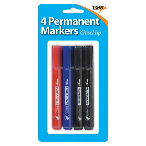 Blister Carded Large Chisel Tipped Permanent Assorted Markers (4)