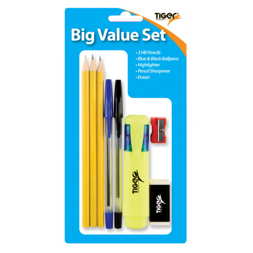 Big value set - pencils, pens, eraser, highlighter, sharpener - blistercarded