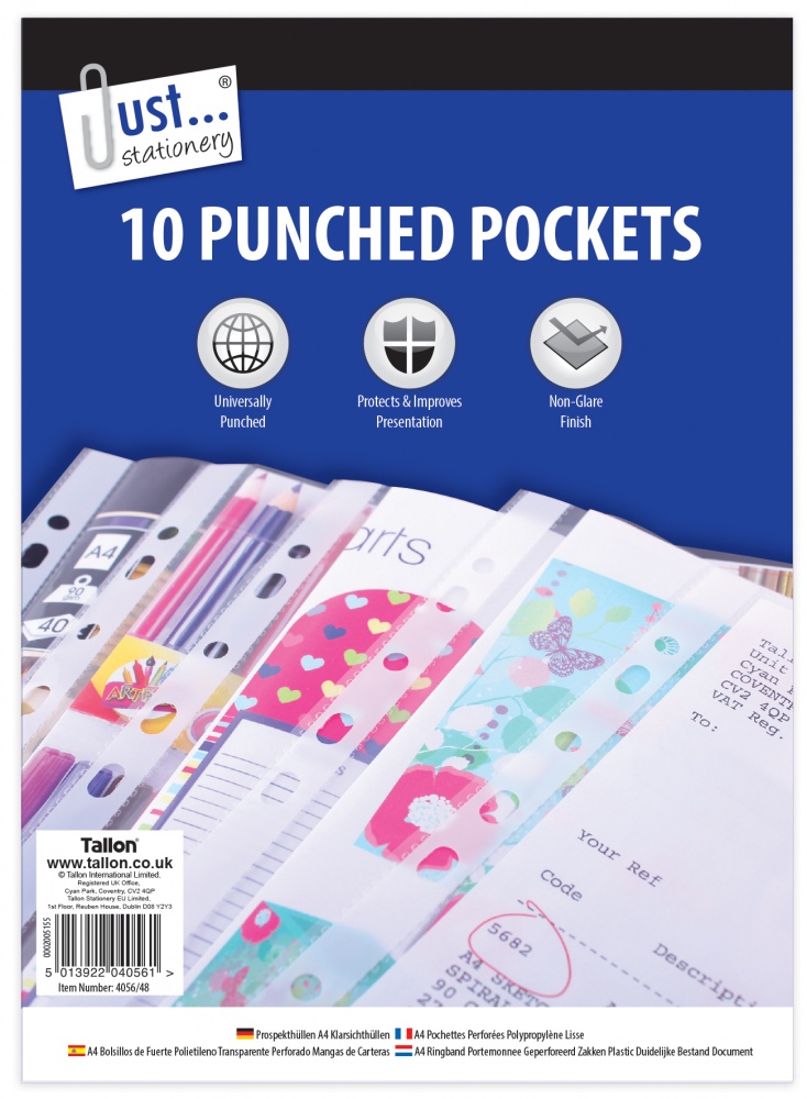 A4 Punched pockets Plastic Clear Pack of 10