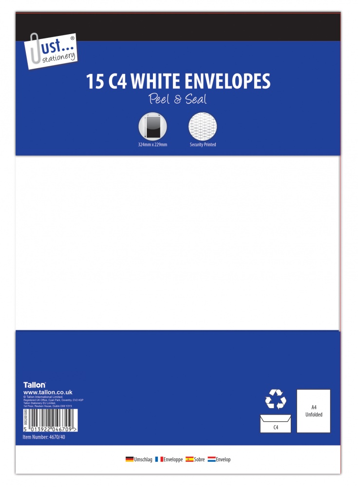 Envelopes 15 x C4 White, Peal & Seal, 80gsm