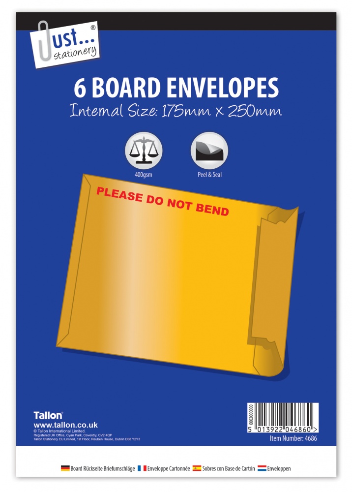 Board Envelopes, 175 x 250mm, Pack of 6