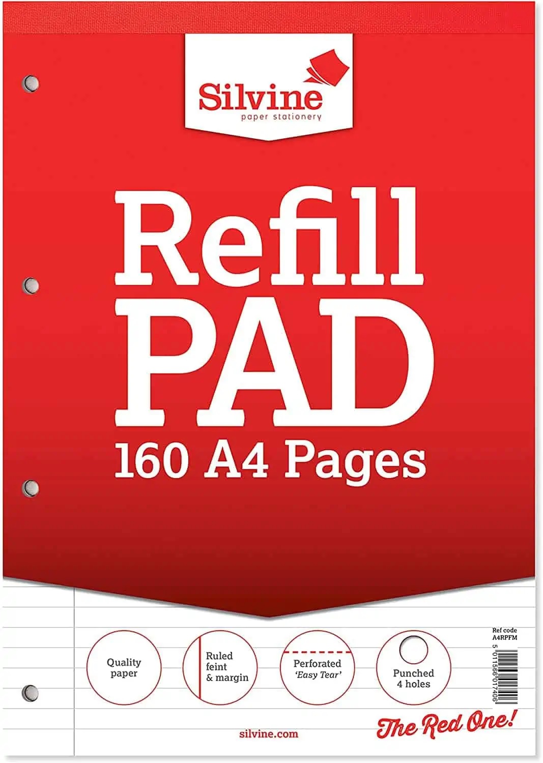 Silvine A4 Refill Pad, 160 pages, Feint & Margin (Red cover)