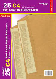 C4 (229 x 324mm) Manilla Peel & Seal Envelopes, (85gsm) 25's