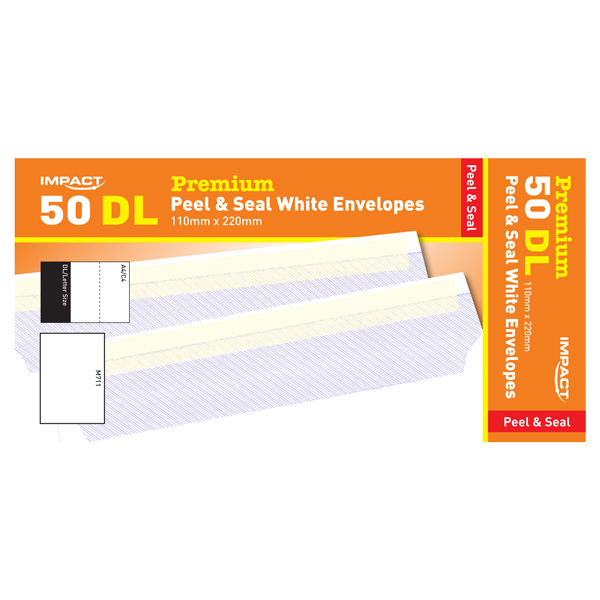 Impact Premium DL (110 x 220mm) White DL Peel & Seal Envelopes, (100gsm) 50's