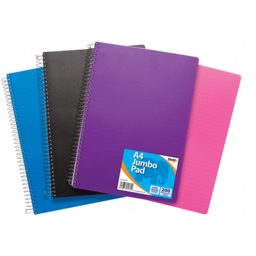 A4 Polyprop Covered Jumbo Twin Wire Notebook, 200 Pages, 4 Ass Colours