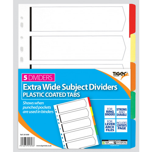 Dividers, Coloured with plastic tabs - 5 Part extra wide