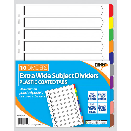 Dividers, Coloured with plastic tabs - 10 Part extra wide