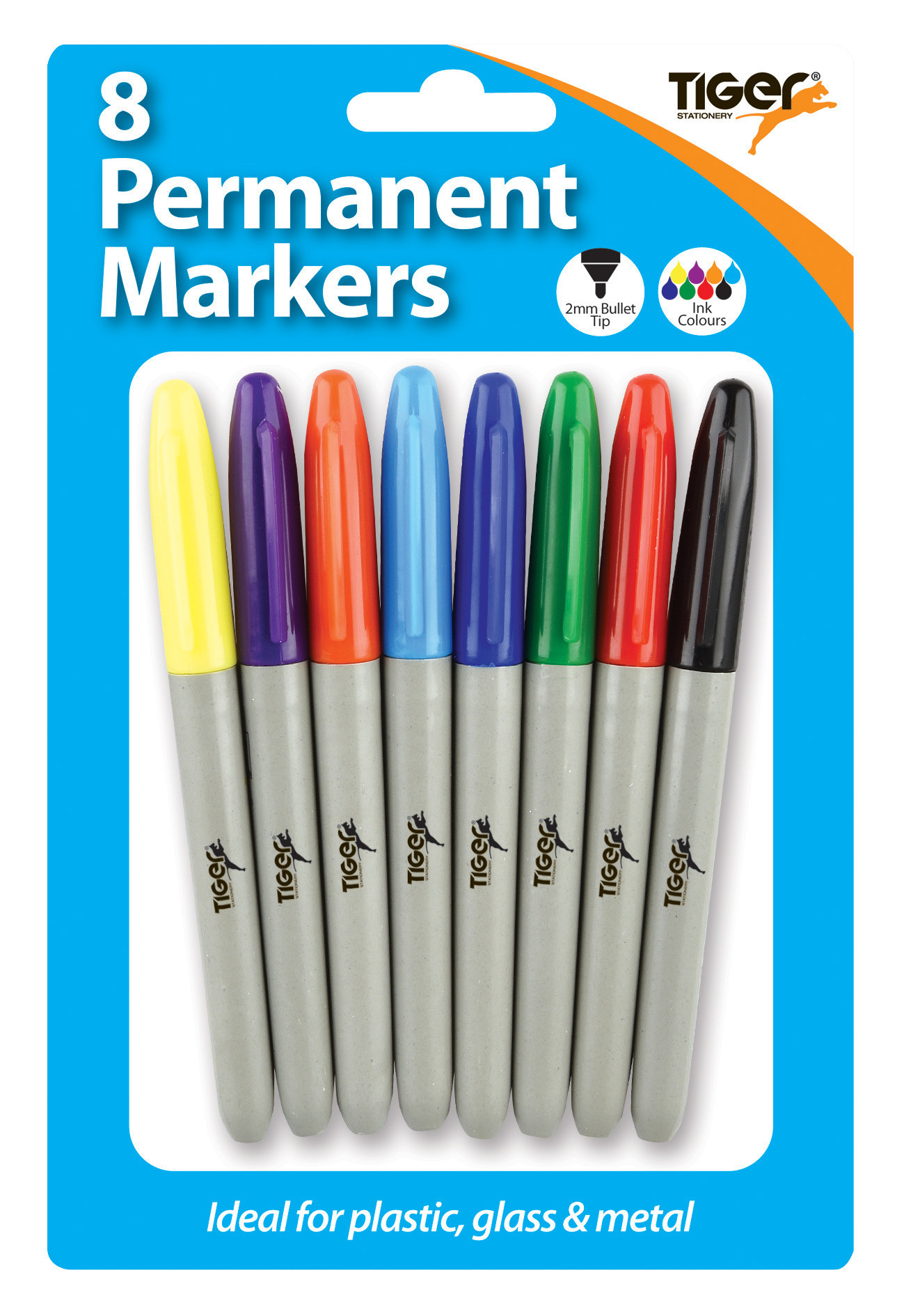 Permanent markers, 8 different colours blistercarded Bullet Tip