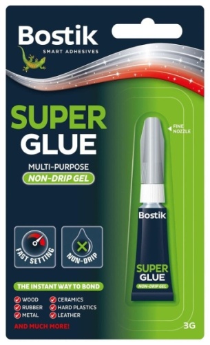 Super Glue, 3gm Tube,Bostik Non-Drip Gel, Hanging Card
