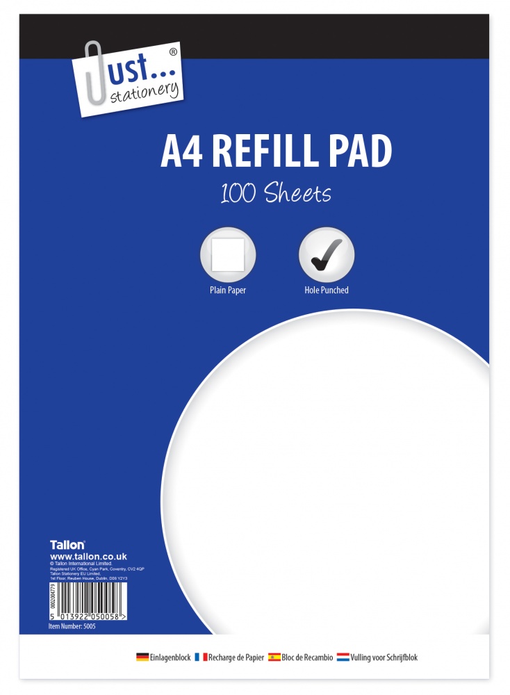 A4 Plain Refill Pad 100  Sheet side bound