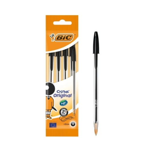 Pens, BIC Cristal Ball Pen, Black, 4 in Hanging Pouch, 10's