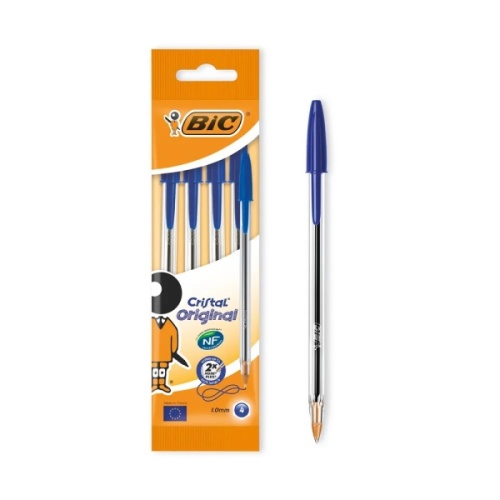 Pens, BIC Cristal Ball Pen, Blue, 4 in Hanging Pouch, 10's