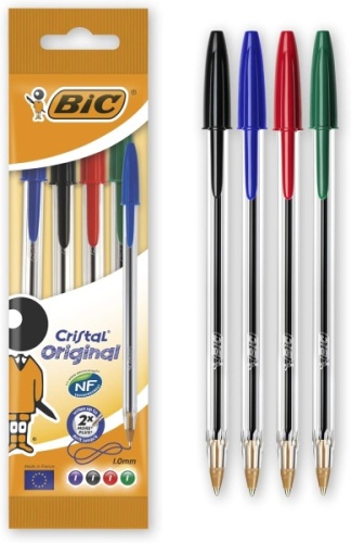 Pens, BIC Cristal Ball Pen, Assorted, 4 in Hanging Pouch, 10's