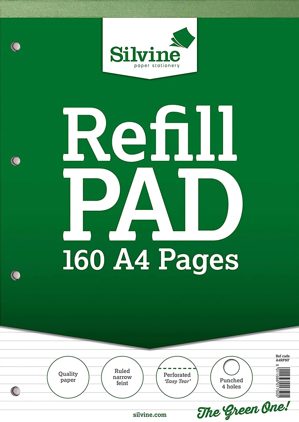 Silvine A4 Refill Pad, 160 pages, Narrow Feint  (Green cover)