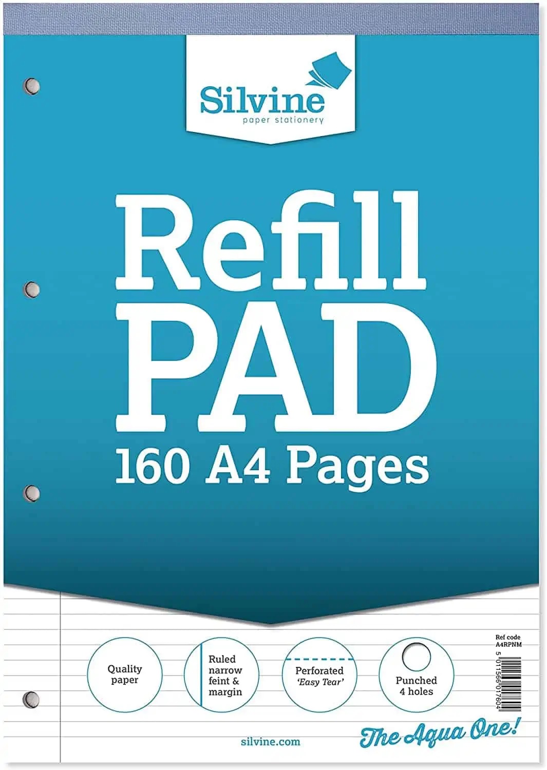 Silvine A4 Refill Pad, 160 pages, N. Feint & Margin (Light Blue cover)
