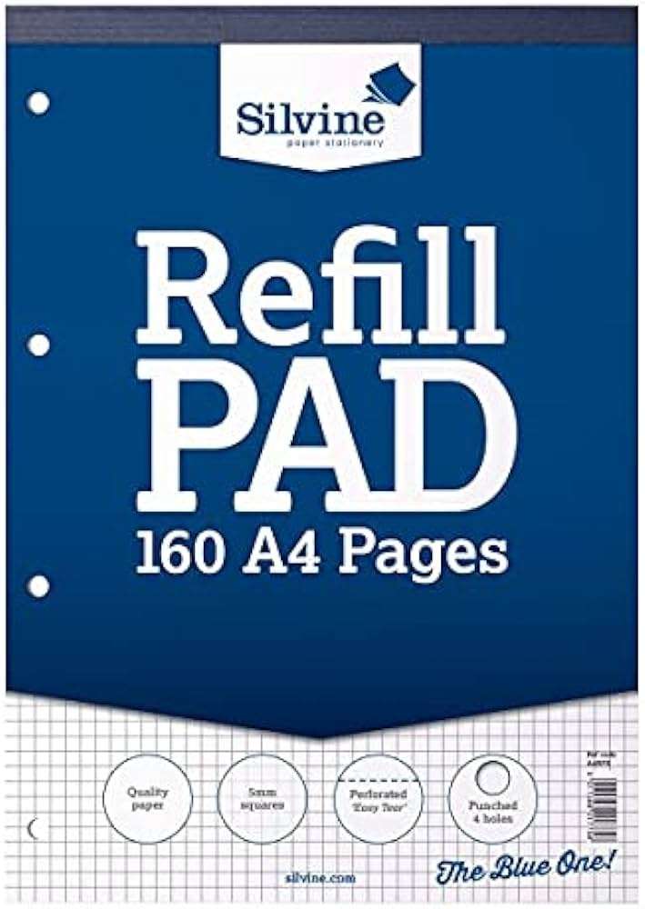 Silvine A4 Refill Pad, 160 pages, 5mm Squares (Dark Blue cover)