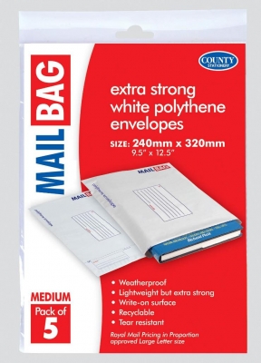Mail Bag, County Polythene Medium 5's, 240 x 320mm, Pack 10
