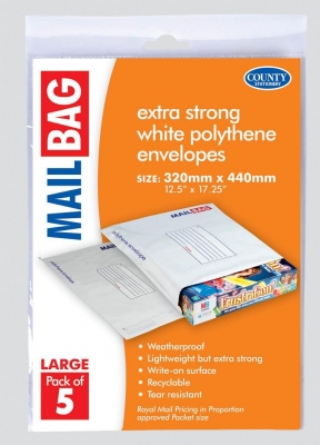 Mail Bag, County Polythene Large 5's, 320 x 440mm, Pack 10
