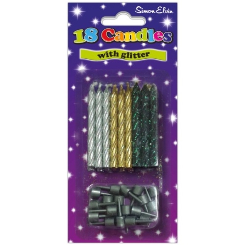 Candles, Spiral Silver/Gold/Black Glitter with Holder, 18's