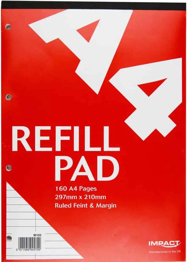Impact A4 Refill Pad, 160 pages, Feint & Margin (Red cover)