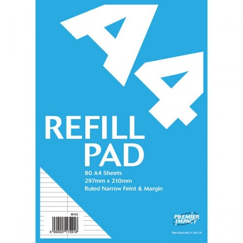 Impact A4 Refill Pad, 160 pages, Narrow Feint & Margin (Light Blue cover)