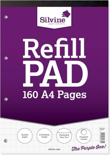 Refill Pad, A4, Silvine 160 pages, 2, 10, 20mm Graph (Purple cover)