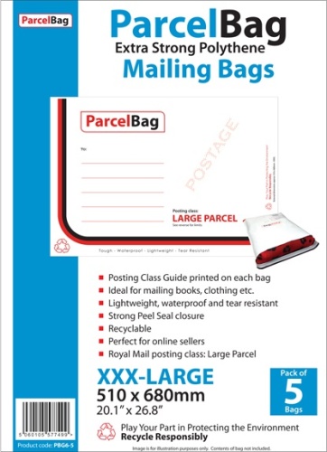 Parcel Bag, 510 x 680mm, Plastic, XXXL, 5's, Pack 10